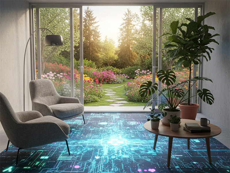 Intérieur intelligent alliant sol numérique et jardin naturel pour illustrer le mieux-vivre et la stimulation cognitive.