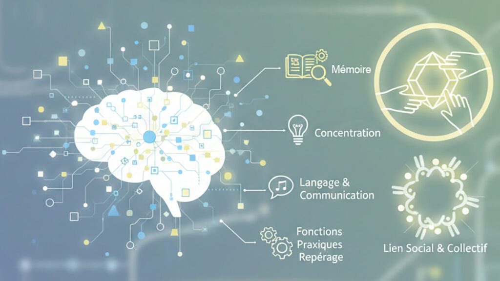 Illustration conceptuelle de la stimulation cognitive pour Alzheimer montrant un cerveau connecté et des icônes pour la mémoire, le langage, la concentration et le lien social.