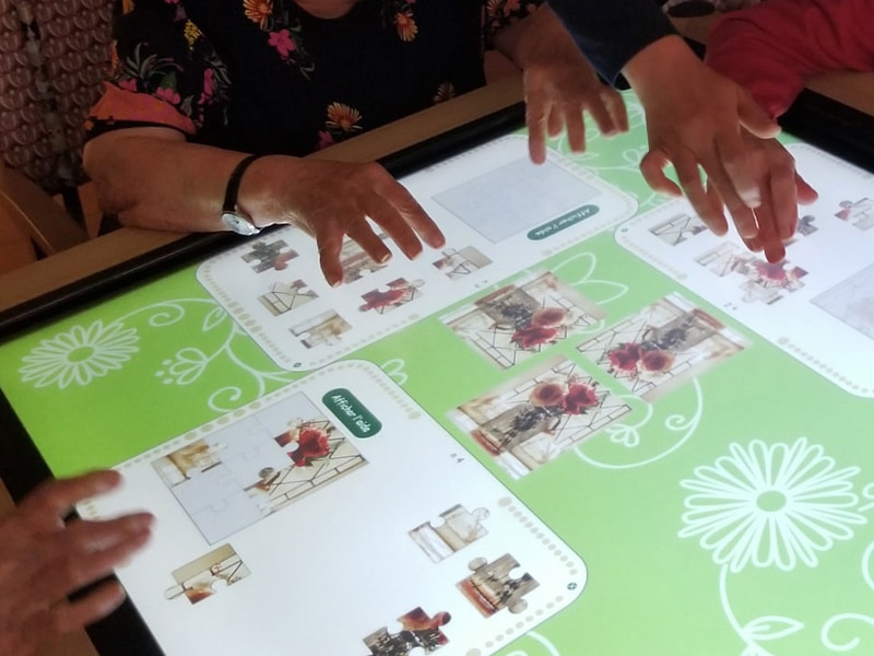 Plusieurs seniors participent à un atelier de jeu sur la tablette géante pour favoriser le bien-vieillir numérique.