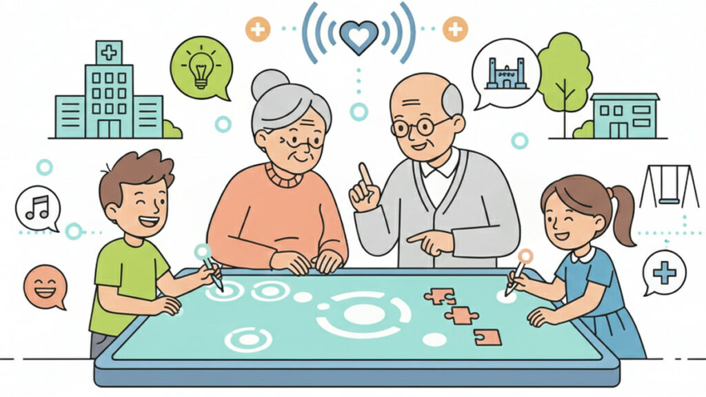 Illustration du lien intergénérationnel en EHPAD grâce au numérique, montrant des seniors et des enfants partageant un moment ludique autour d'une interface interactive.