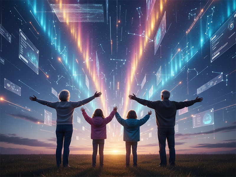 Seniors et enfants ouvrent les bras vers un ciel numérique éclatant, symbolisant l'enthousiasme et l'espoir pour les nouvelles technologies en EHPAD.