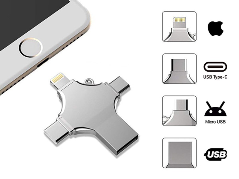 clef-usb 4 en 1, USB type A, Micro-B, type C et Lightning Apple.