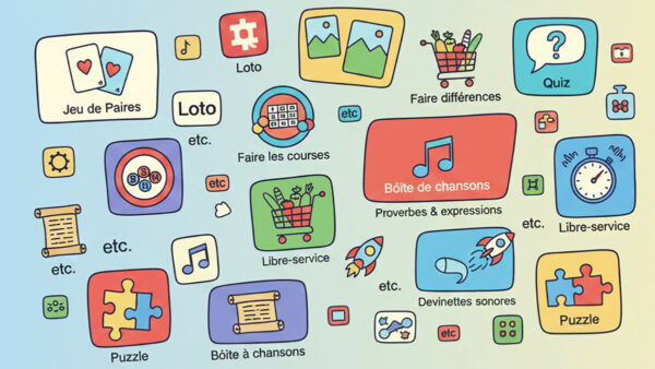 Éventail des contenus ludiques et interactifs de la table : jeux, chansons, quiz, activités cognitives et de la vie quotidienne.